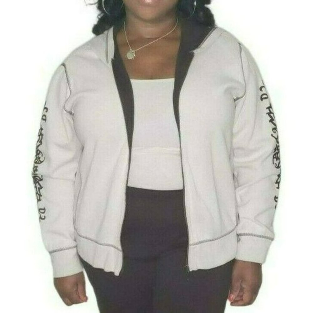 Zenergy by Chicos Womens White Brown Long Sleeve Zip Hooded Jacket Hoodie Sz 3